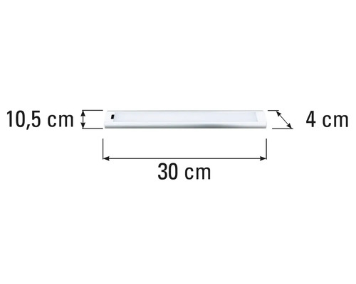 LED onderbouwlamp met afmetingen 30 centimeter lengte, 10,5 centimeter hoogte en 4 centimeter breedte