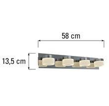 Afmetingen van een badkamerlamp: 58 centimeter breed en 13,5 centimeter hoog.