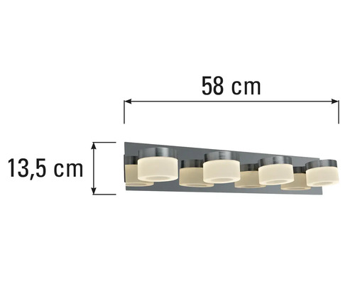 Afmetingen van een badkamerlamp: 58 centimeter breed en 13,5 centimeter hoog.
