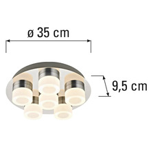 Plafondlamp met afmetingen 35 centimeter diameter en 9,5 centimeter hoogte.
