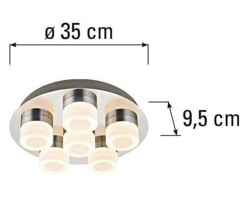 Plafondlamp met afmetingen 35 centimeter diameter en 9,5 centimeter hoogte.