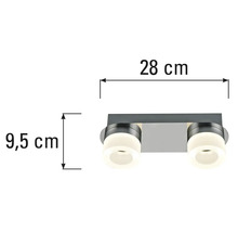 Badkamerlamp met afmetingen 28 cm x 9,5 cm.
