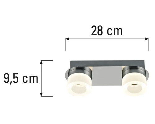 Badkamerlamp met afmetingen 28 cm x 9,5 cm.