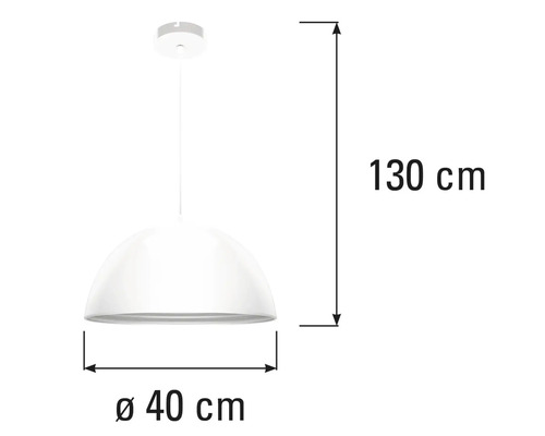 Hanglamp met een diameter van 40 cm en een hoogte van 130 cm.