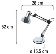 Schets van een bureaulamp met de afmetingen 28, 52 en 15,5 centimeter