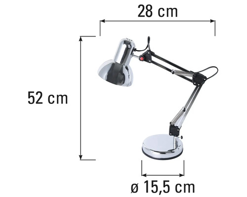 Schets van een bureaulamp met de afmetingen 28, 52 en 15,5 centimeter