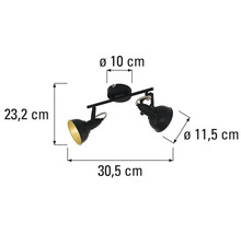 Afmetingen van een zwarte plafondlamp met twee spots.