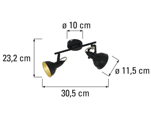 Afmetingen van een zwarte plafondlamp met twee spots.