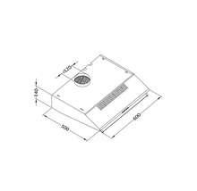 Technische tekening van een afzuigkap met afmetingen