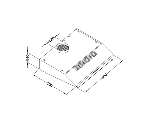 Technische tekening van een afzuigkap met afmetingen