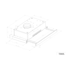 Technische tekening van een afzuigkap met maatvoering