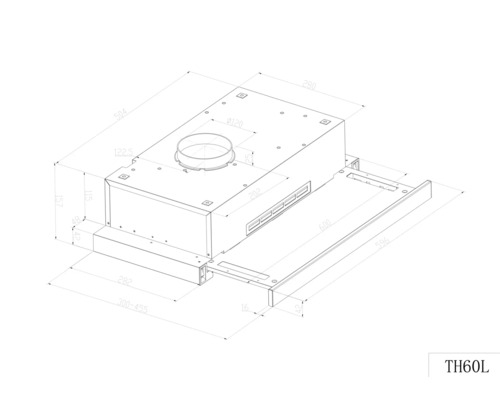 Technische tekening van een afzuigkap met maatvoering