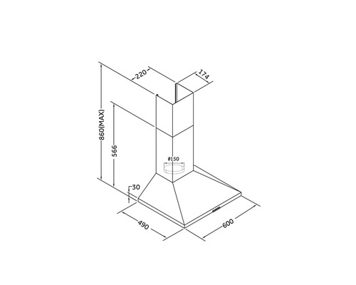 Technische tekening van een afzuigkap met maatvoering