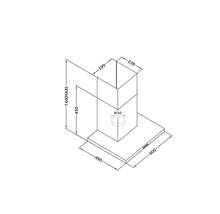 Technische tekening van een afzuigkap met afmetingen