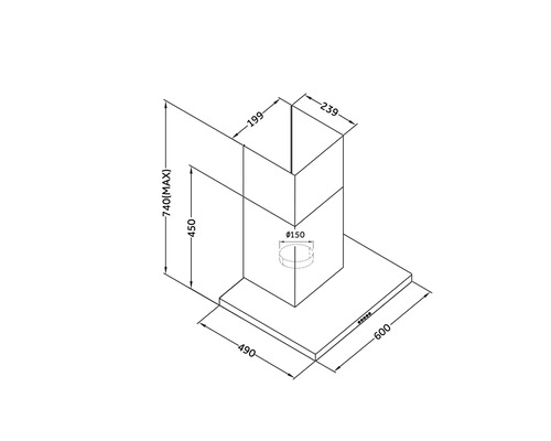 Technische tekening van een afzuigkap met afmetingen