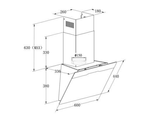 Technische tekening van een afzuigkap met maatvoering