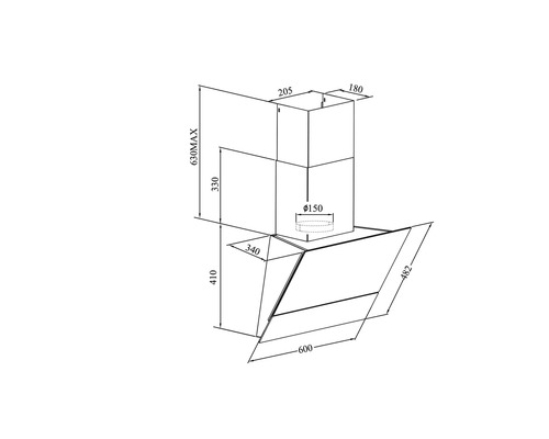 Technische tekening van een afzuigkap met maatvoering