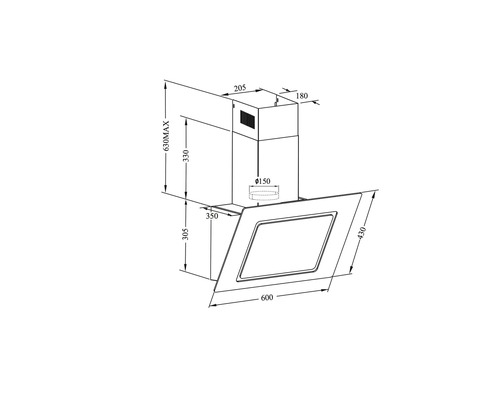 Technische tekening van een afzuigkap met maatvoering
