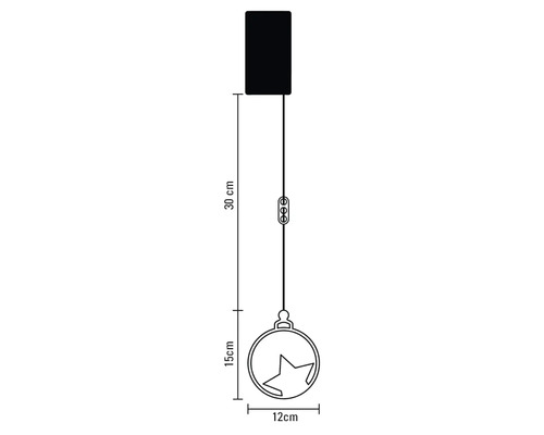 Technische tekening van een hanglamp met stermotief en afmetingen
