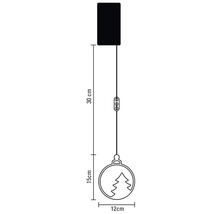 Afmetingen van een kerstbal hanglamp: 30 centimeter kabel van de stroomaansluiting naar de schakelaar, 15 centimeter van de schakelaar naar de bal, diameter bal 12 centimeter