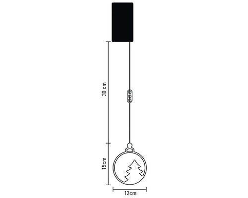 Afmetingen van een kerstbal hanglamp: 30 centimeter kabel van de stroomaansluiting naar de schakelaar, 15 centimeter van de schakelaar naar de bal, diameter bal 12 centimeter