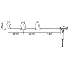Afbeelding van een lichtsnoer met drie pinguïns, elk 25 cm hoog en 50 cm uit elkaar, met een afstand van 1,5 m tot het zonnepaneel met grondpen