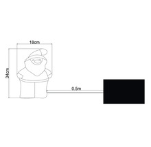Tekening van een kerstmanfiguur met afmetingen: 34 cm hoog, 18 cm breed en 0,5 meter toevoerleiding