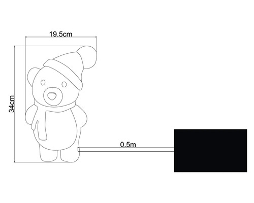 Afbeelding van een teddybeer met muts en sjaal met de afmetingen 34 cm hoog en 19,5 cm breed