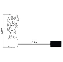 Schets van een 53 centimeter hoog rendierfiguur met lichtketting en 0,5 meter lange voedingskabel