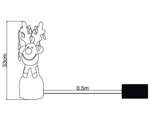 Schets van een 53 centimeter hoog rendierfiguur met lichtketting en 0,5 meter lange voedingskabel