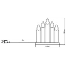 Technische tekening van een lichtsnoer met vijf kaarsen, 44 cm breed en 52 cm hoog, met een kabel van vijf meter.