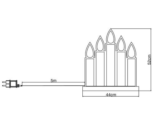 Technische tekening van een lichtsnoer met vijf kaarsen, 44 cm breed en 52 cm hoog, met een kabel van vijf meter.