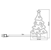 Tekening van een 52 centimeter hoge kerstboom met een 5 meter lange voedingskabel en een stekker