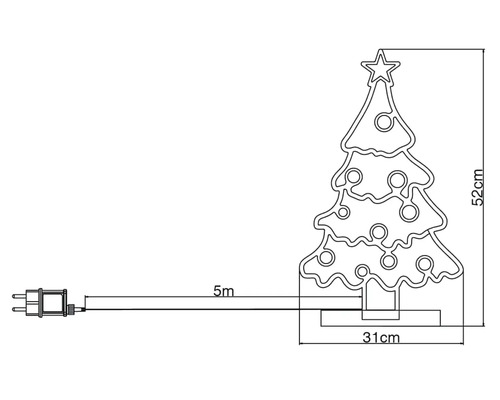 Tekening van een 52 centimeter hoge kerstboom met een 5 meter lange voedingskabel en een stekker