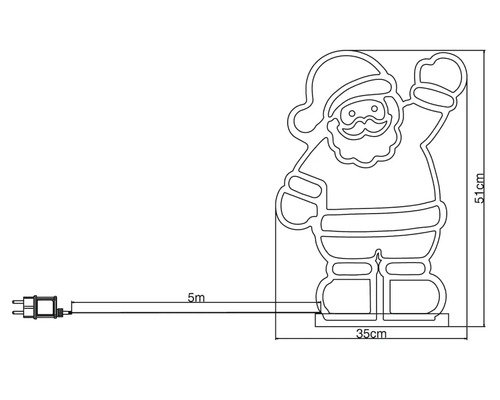 Afmetingen van de Santa Claus lichtfiguur: 51 cm hoog en 35 cm breed, kabellengte 5 meter
