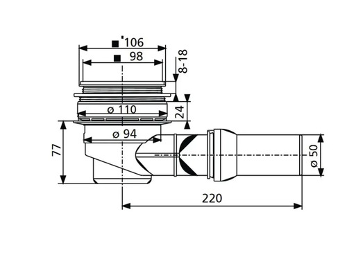 Technische tekening van een sifon met afmetingen