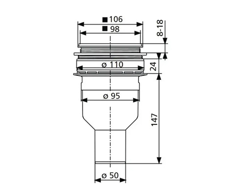 Technische tekening van een sifon met afmetingen