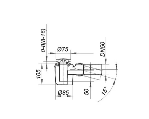 Technische tekening van een vloerafvoer met afmetingen