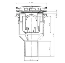 Technische tekening van een vloerafvoer met maataanduidingen