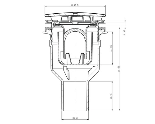 Technische tekening van een vloerafvoerput met maatvoering