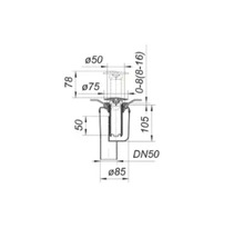 Technische tekening van een DN50 vloerafvoer met maatvoering