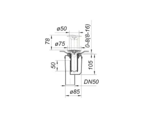 Technische tekening van een DN50 vloerafvoer met maatvoering
