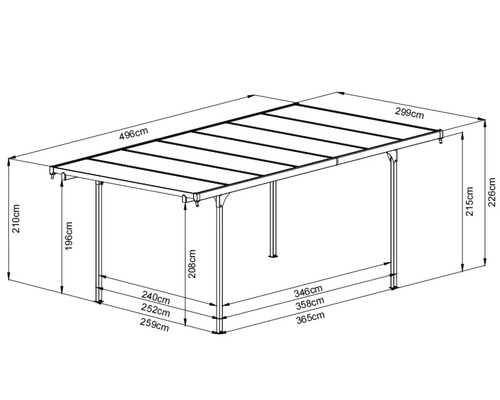 Technische tekening van een carport met maatvoering