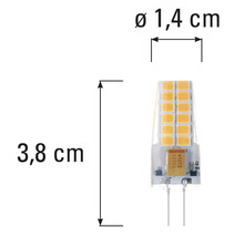 G4 LED lamp met afmetingen van 3,8 cm lengte en 1,4 cm diameter