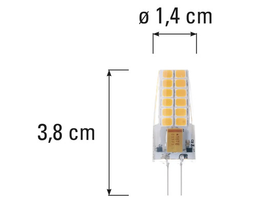 G4 LED lamp met afmetingen van 3,8 cm lengte en 1,4 cm diameter