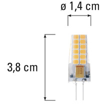 G4 lamp met afmetingen van 3,8 cm lengte en 1,4 cm diameter