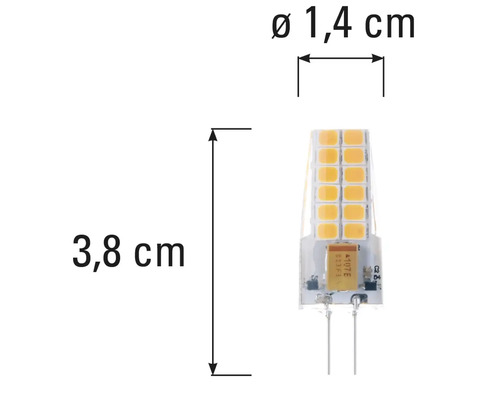 G4 lamp met afmetingen van 3,8 cm lengte en 1,4 cm diameter