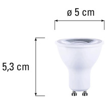 GU10 lamp met afmetingen 5,3 cm hoogte en 5 cm diameter