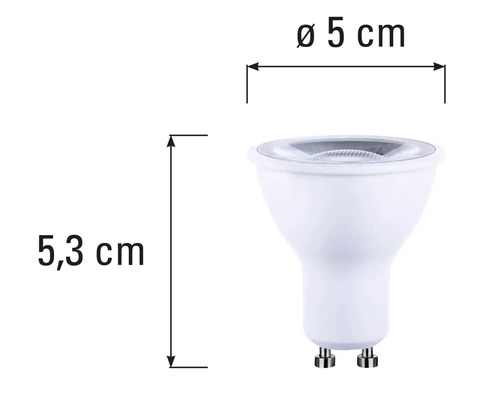 GU10 lamp met afmetingen 5,3 cm hoogte en 5 cm diameter