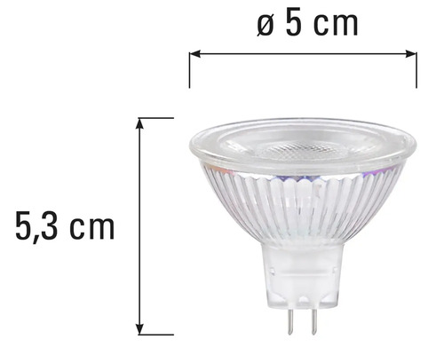 MR16 lamp met een diameter van 5 centimeter en een hoogte van 5,3 centimeter